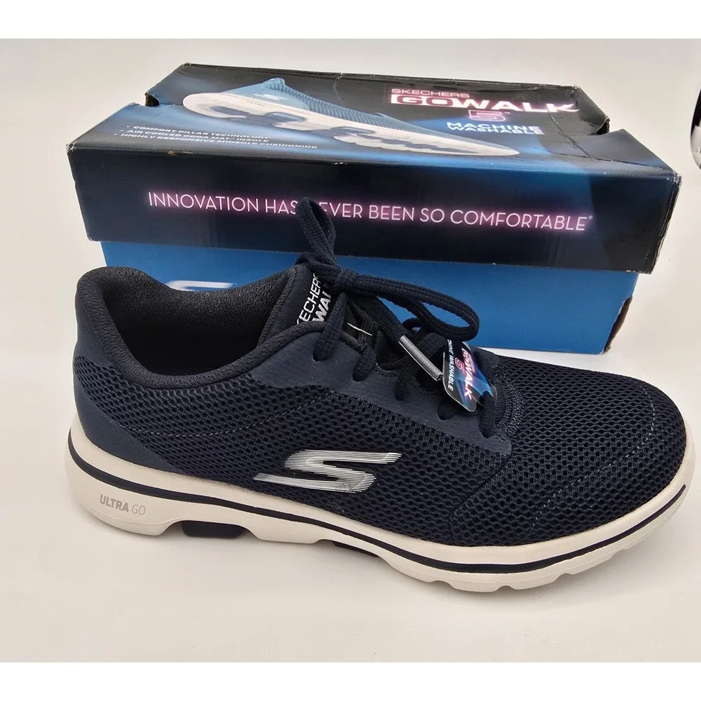 SKECHERS GOwalk 5 size 6.5 Washable womens Lace-Up Mesh Sneaker Navy/White 15902